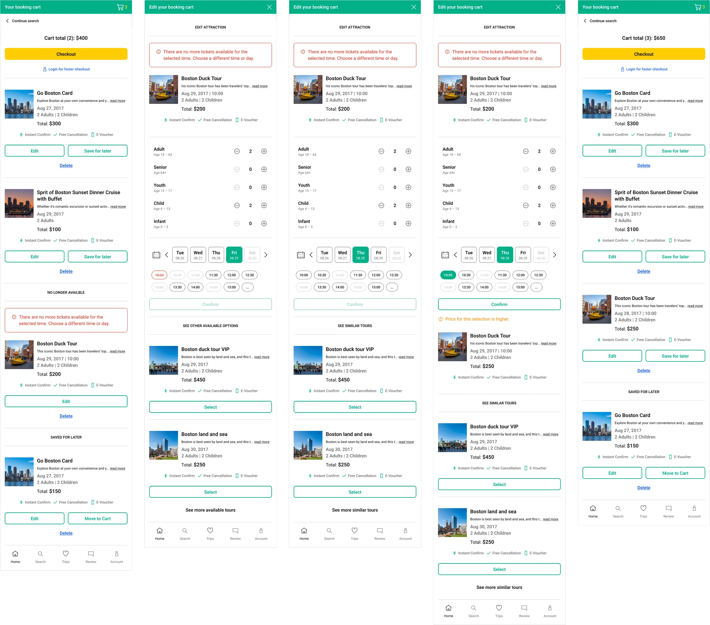 Mobile booking cart: an unavailable tour, the edit view with travelers, dates and times, a higher price notice, similar tours, and the updated cart