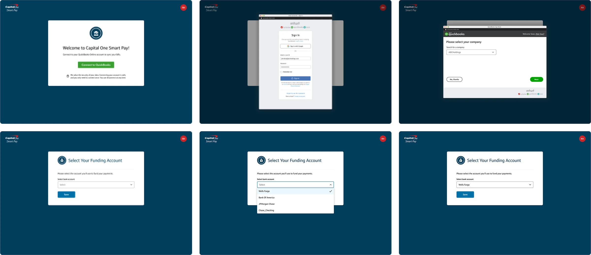 Onboarding: connect to QuickBooks, sign in with Intuit, select a company, then select and save a funding account