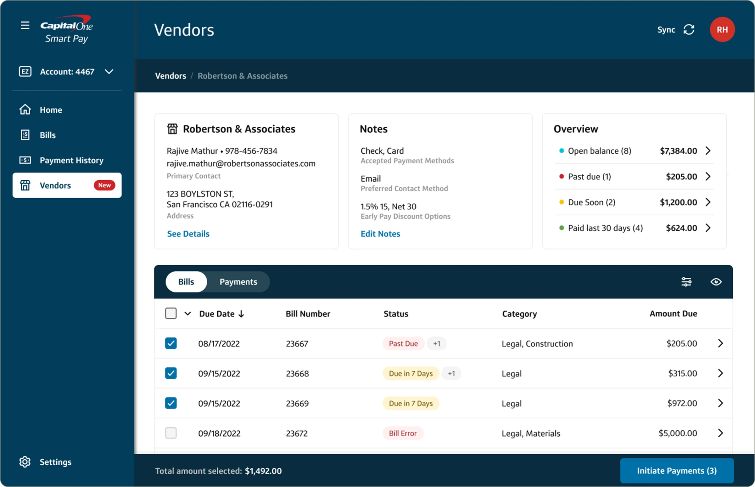 Vendor detail with three bills selected and Initiate Payments (3)