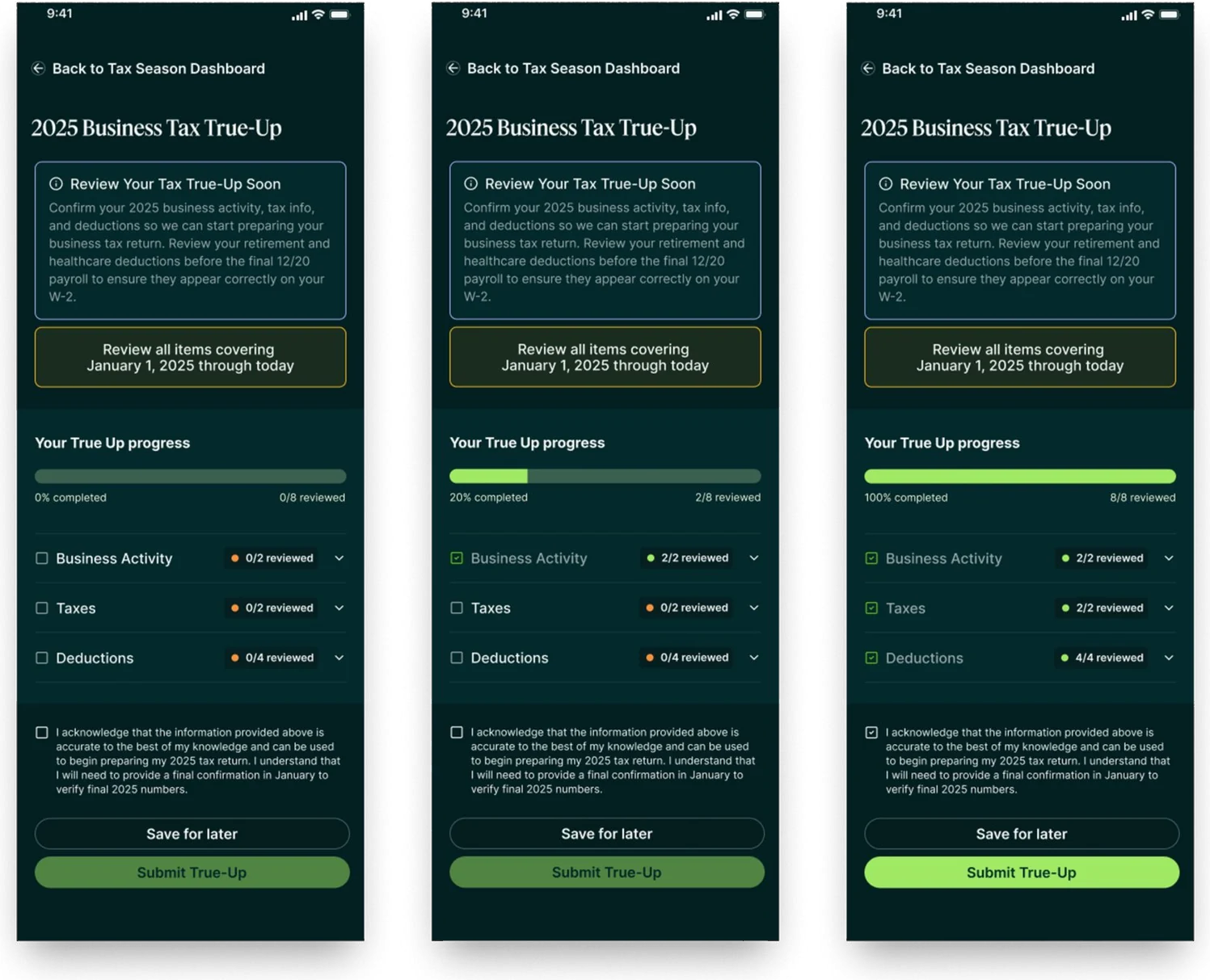True-Up landing page at 0%, 20% and 100% progress
