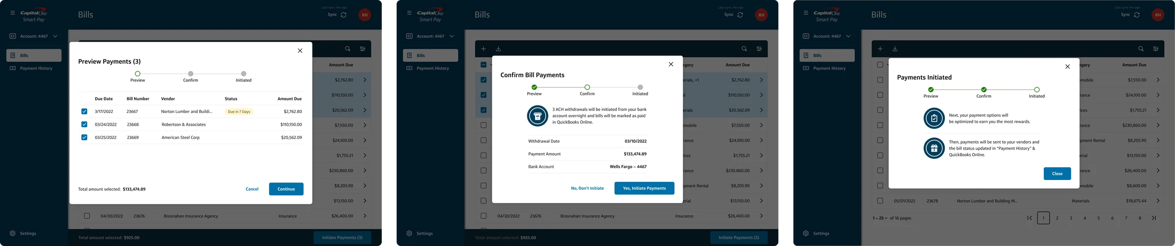 Three-step payment checkout: Preview, Confirm and Payments Initiated