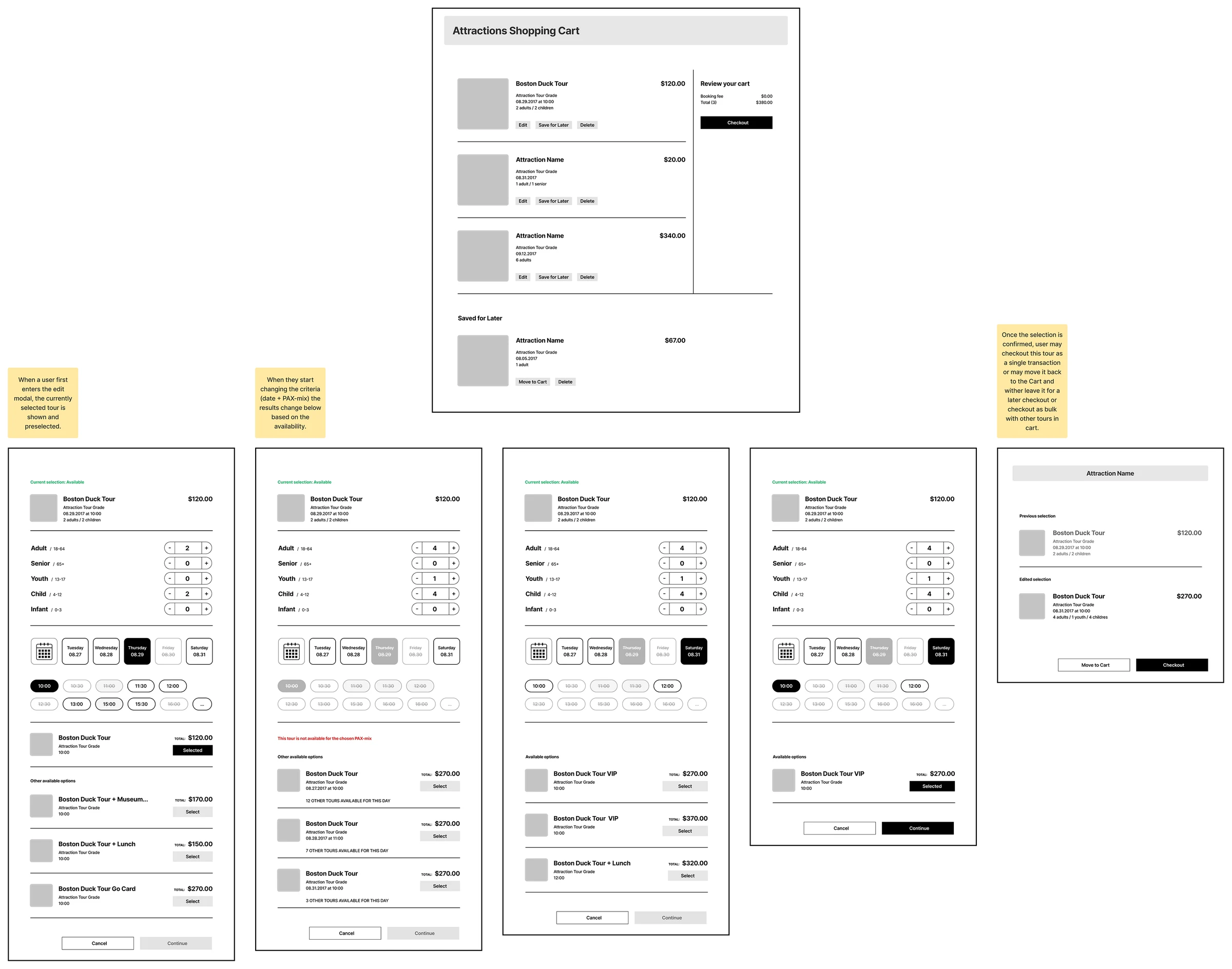 Revised wireframes: one edit view with traveler counts, date and time selectors, and availability-based options