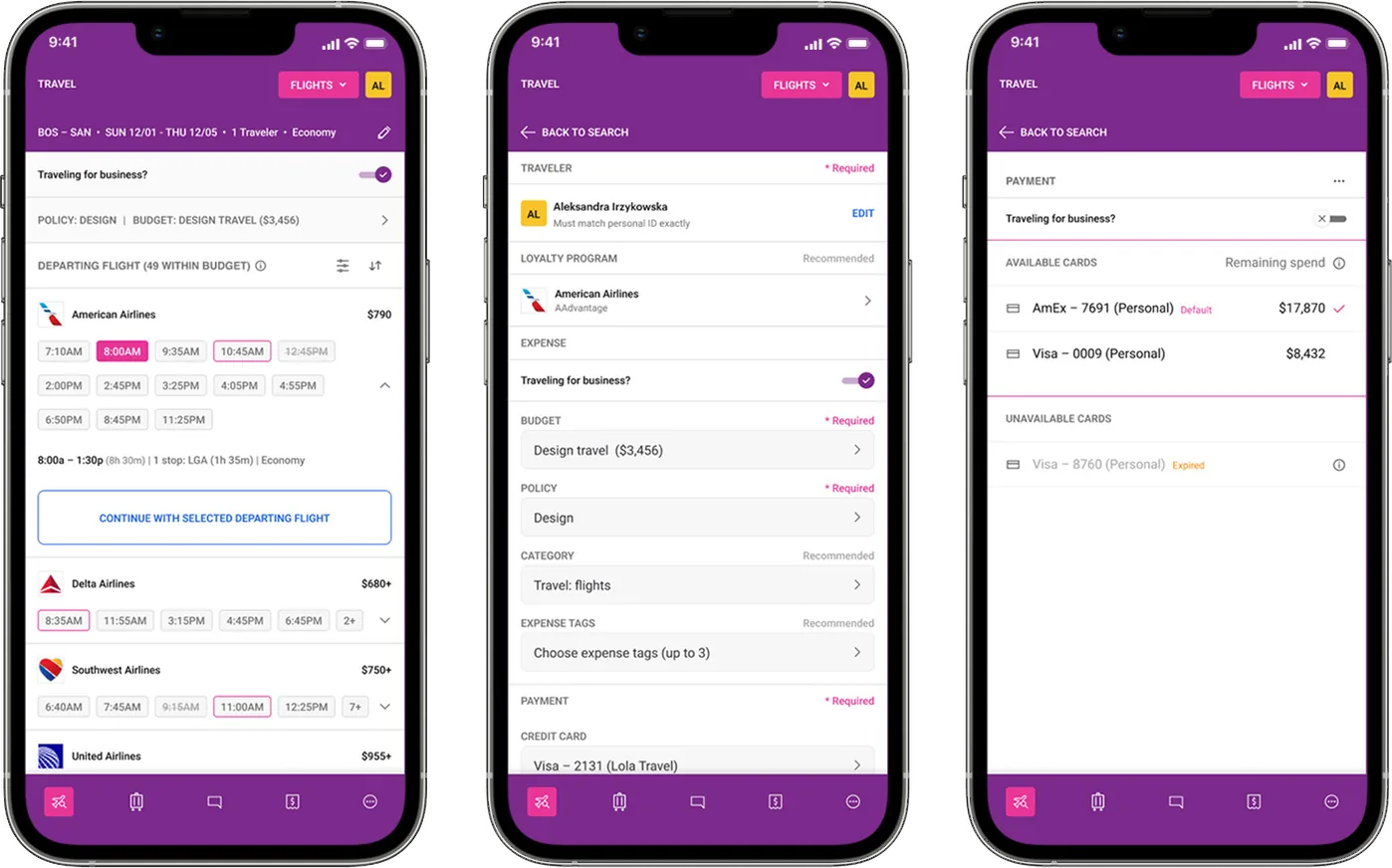 Lola flight checkout screens on three phones