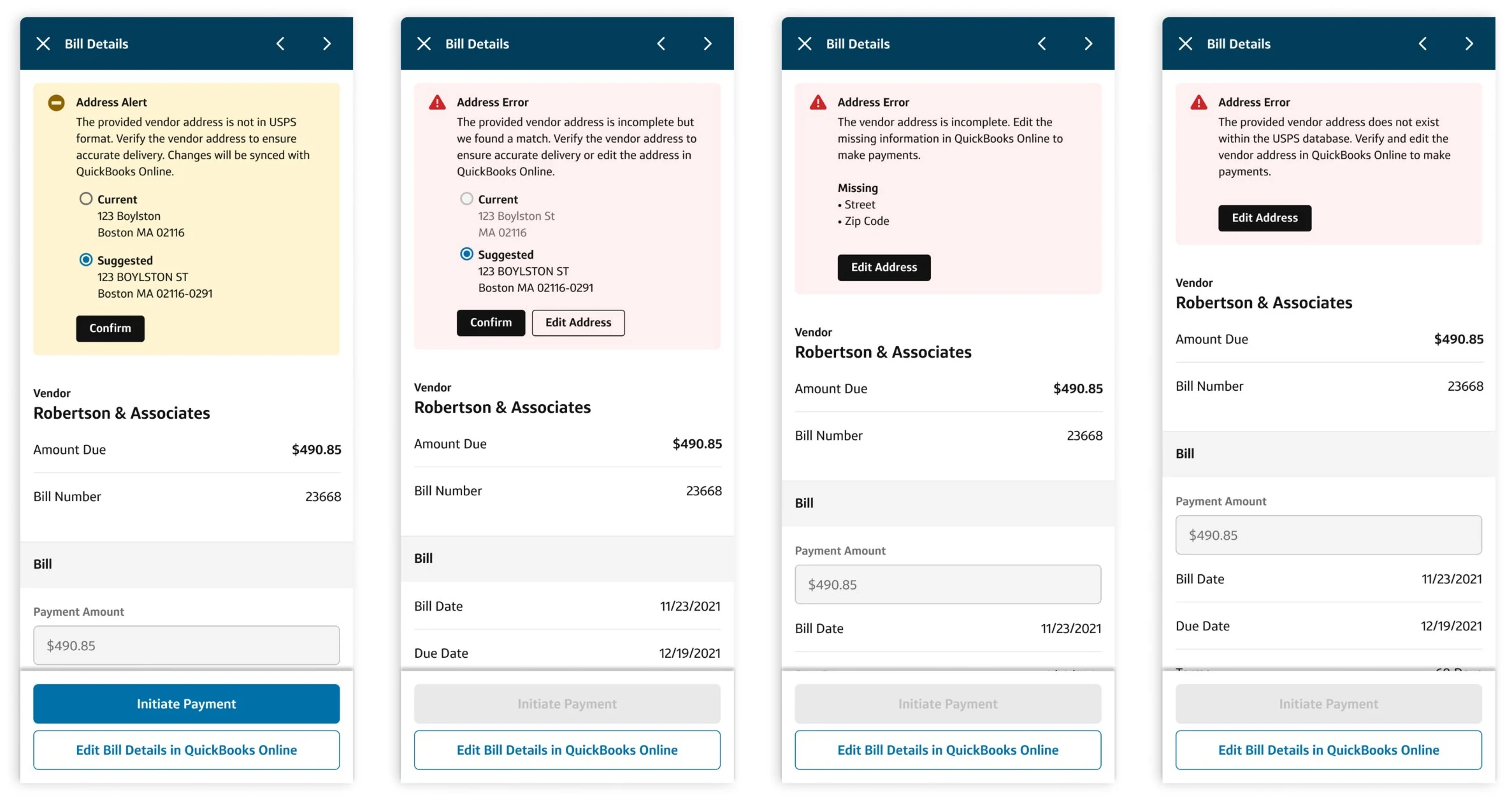 Four bill drawers: an Address Alert with a suggested address, and three Address Error variants
