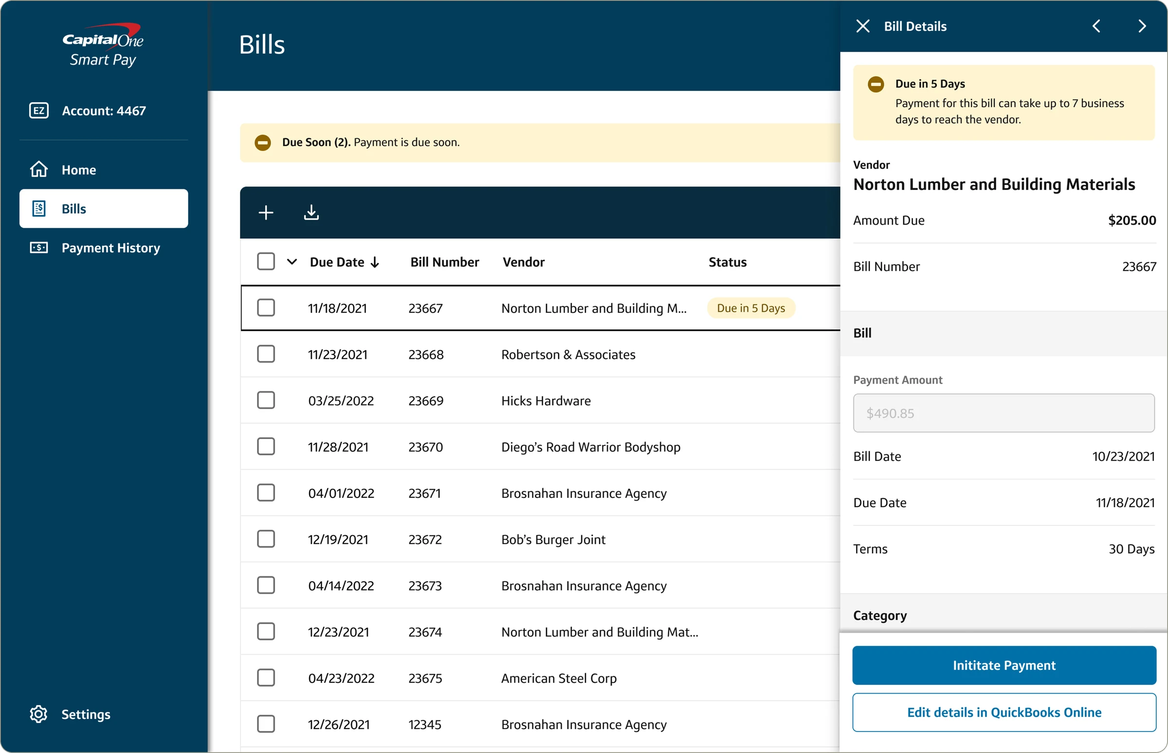Bill with a Due in 5 Days badge, a Due Soon table alert, and the matching alert in the bill drawer