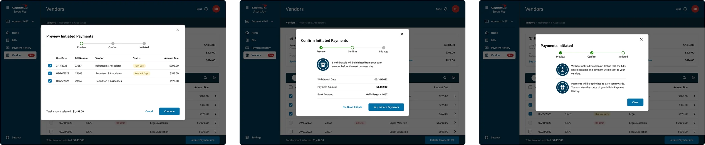 Three-step payment from a vendor page: Preview, Confirm and Payments Initiated
