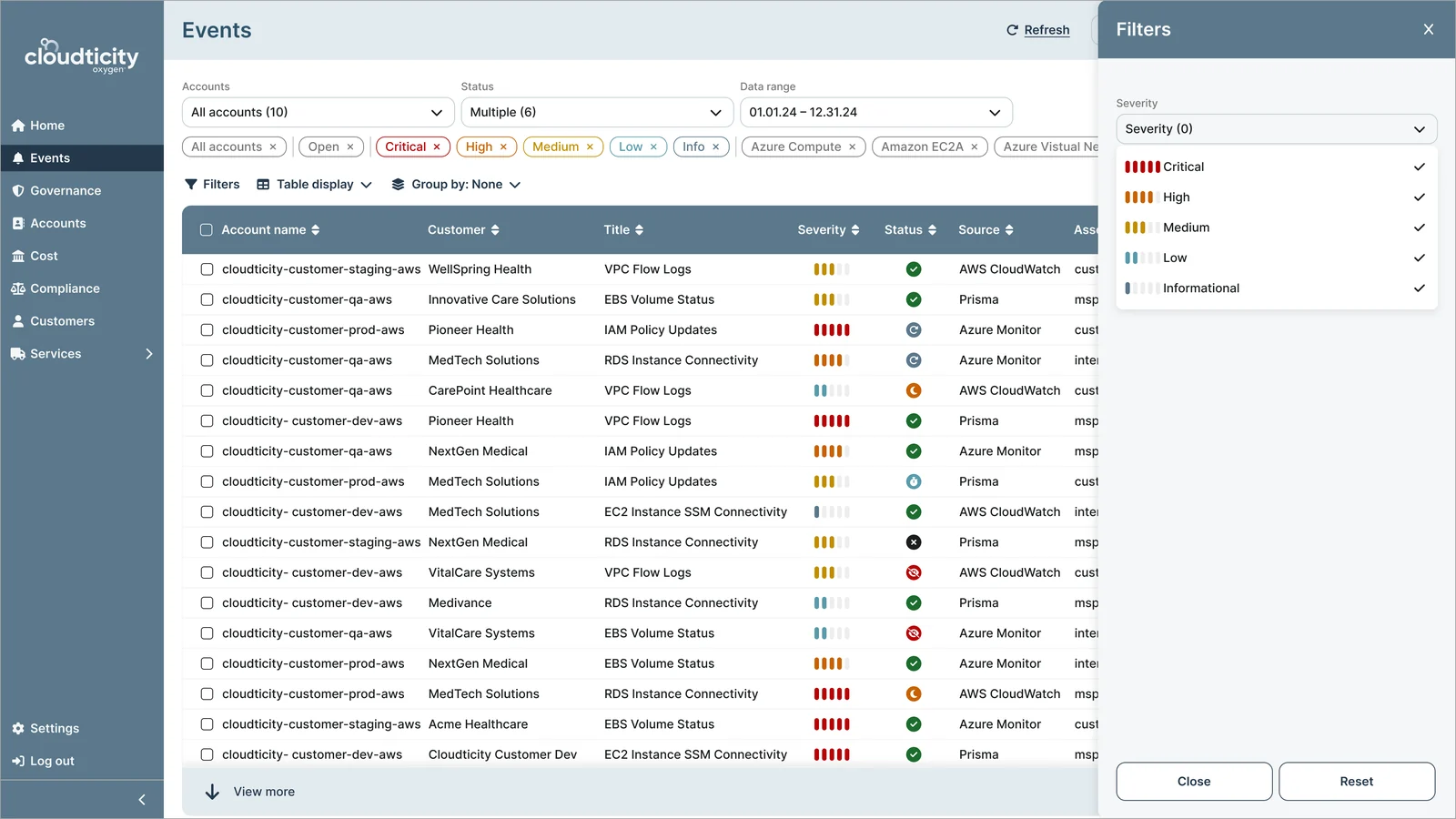 Filter drawer with severity options beside the events table