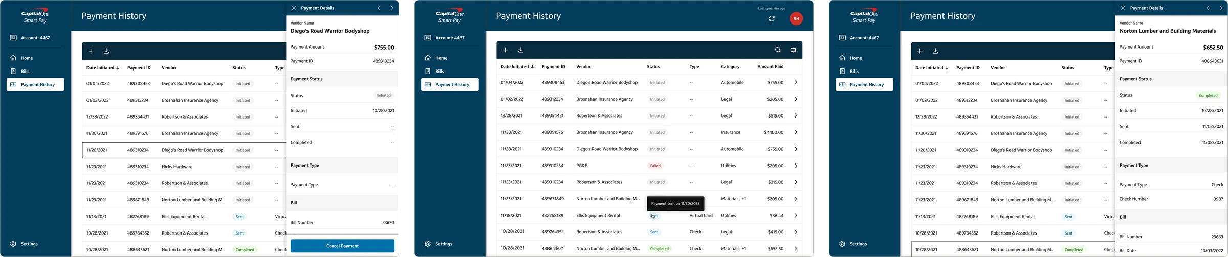 Payment History with initiated, failed and cancelled payments, a sent-date tooltip, and detail drawers