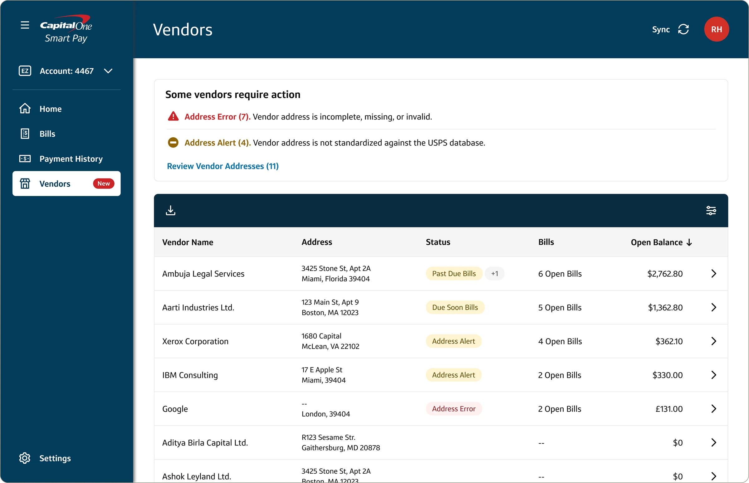 Vendors list with a Some vendors require action summary of address errors and alerts