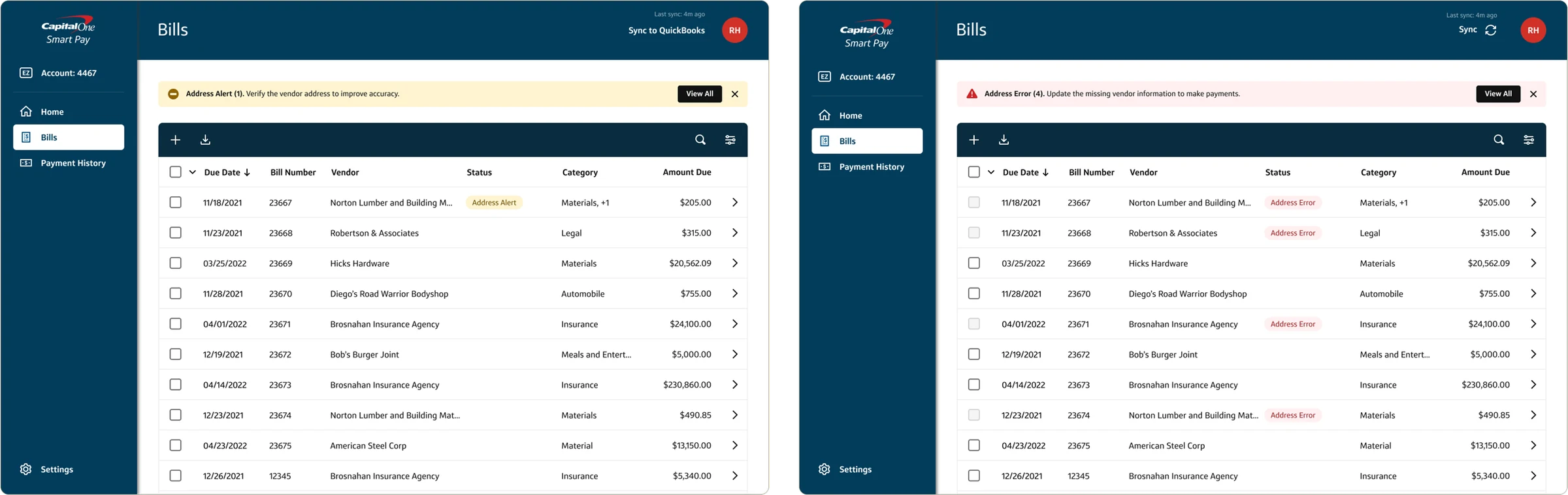Bills table with an Address Alert above the table, and with an Address Error alert and error badges
