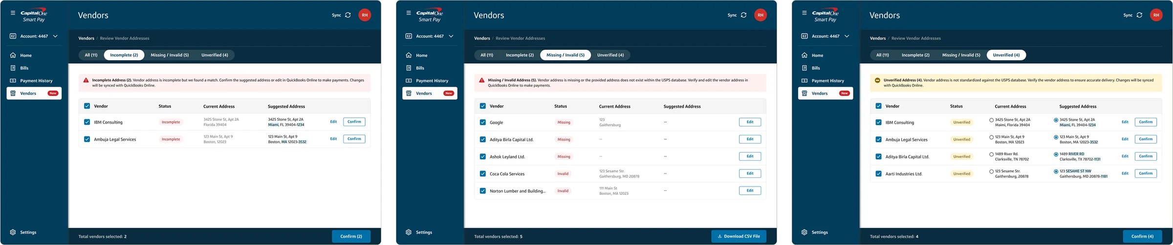 Review Vendor Addresses filtered to Incomplete, Missing or Invalid, and Unverified, with batch actions