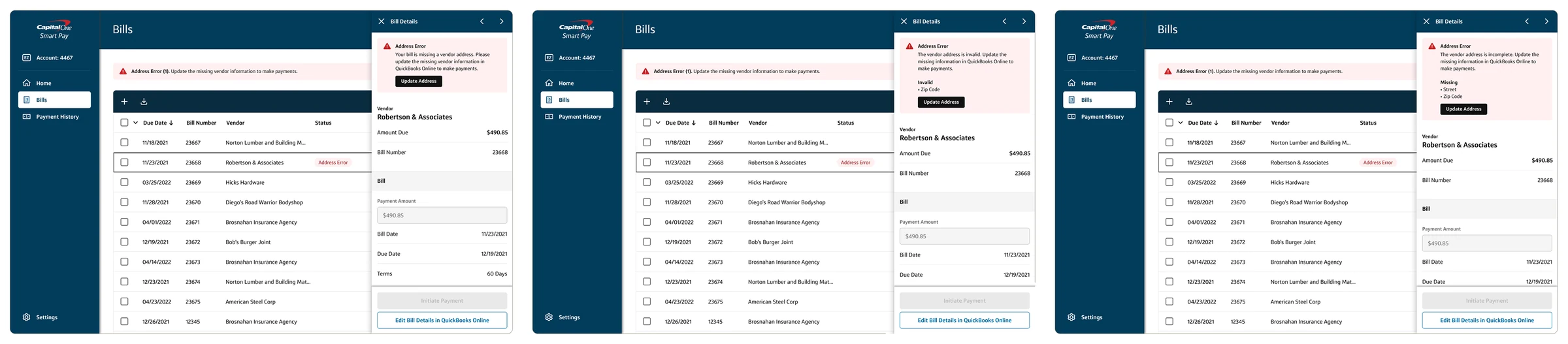 Bill detail drawers with missing, invalid and incomplete vendor address errors