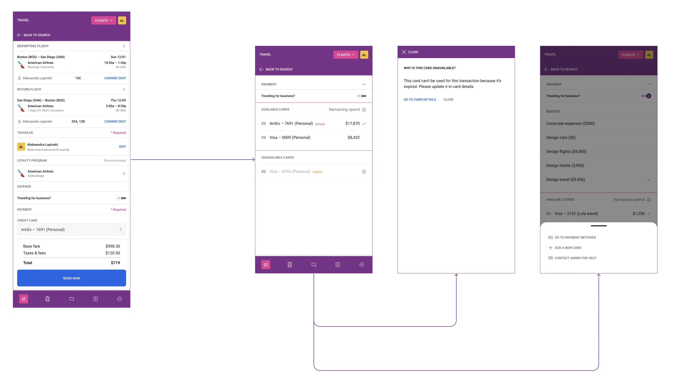 Personal trip checkout with personal cards, an expired card overlay, and a bottom sheet with more payment options