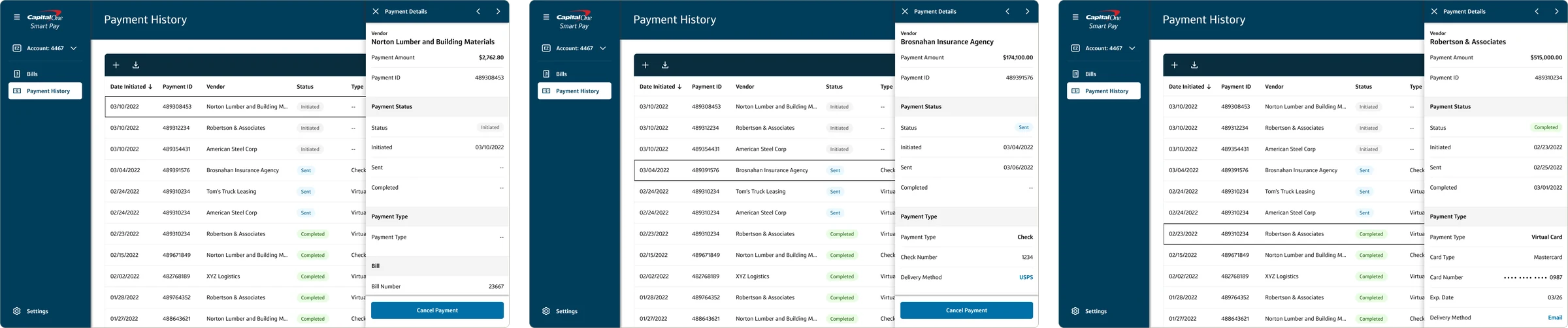 Payment detail drawers for an initiated, a sent and a completed payment