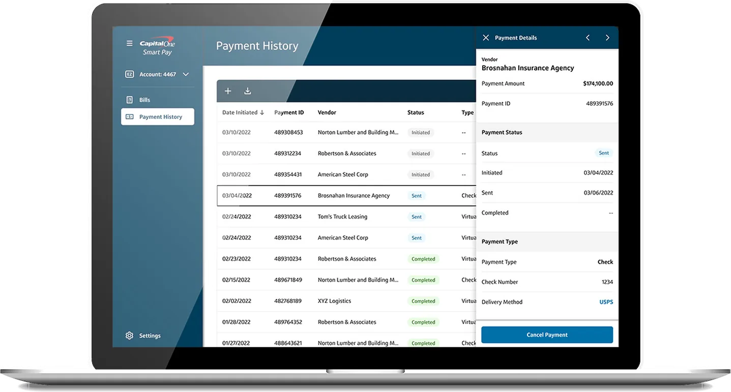 Capital One Smart Pay payment history on a laptop