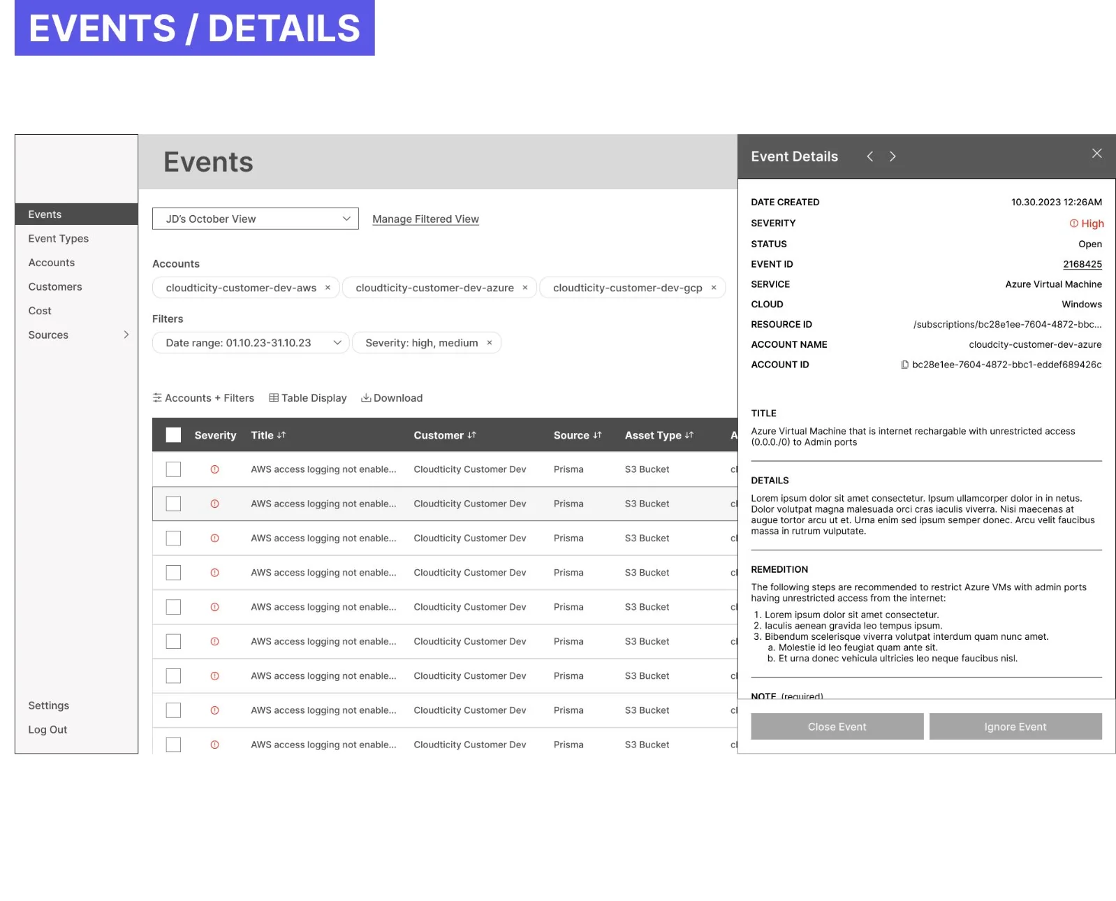 Event details panel wireframe