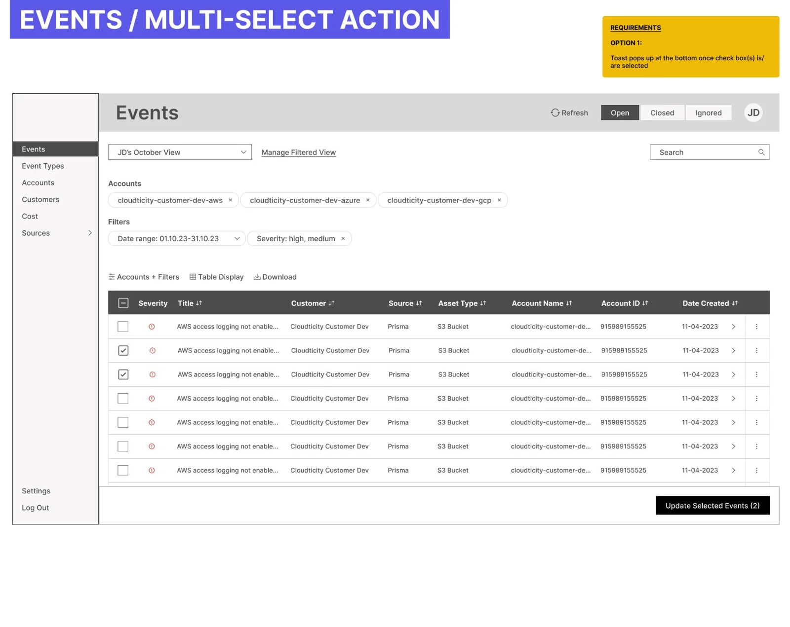 Events multi-select action wireframe