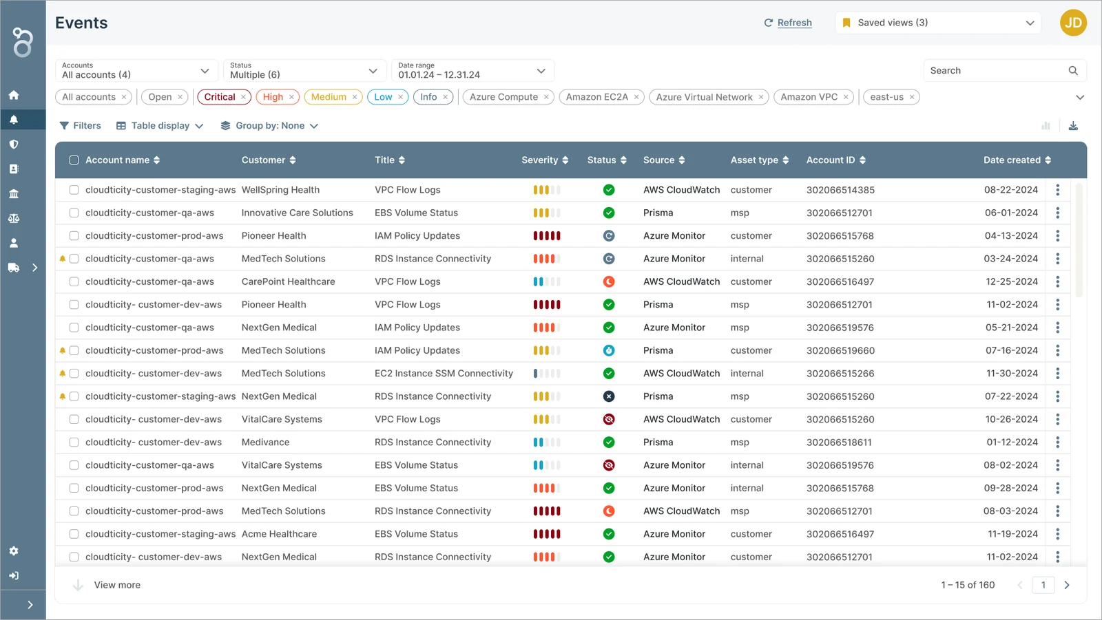 Events table built with the design system