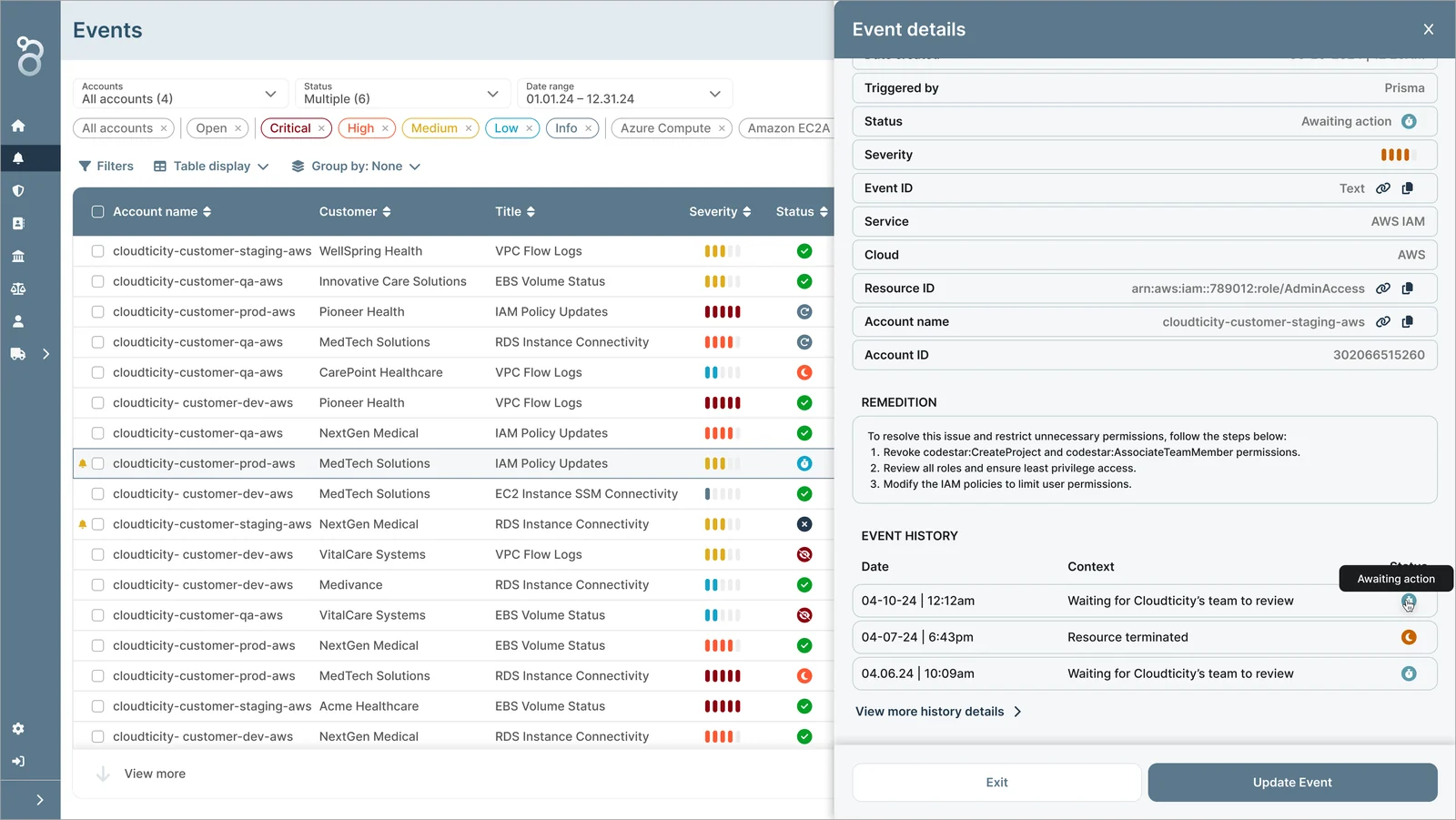 Event details drawer showing remediation steps and event history