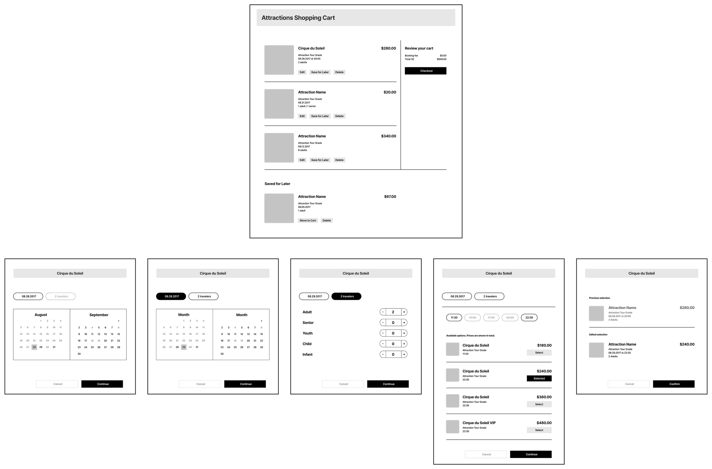 First wireframes: cart and edit modal with date and traveler tabs, time slots, options and a review of the change
