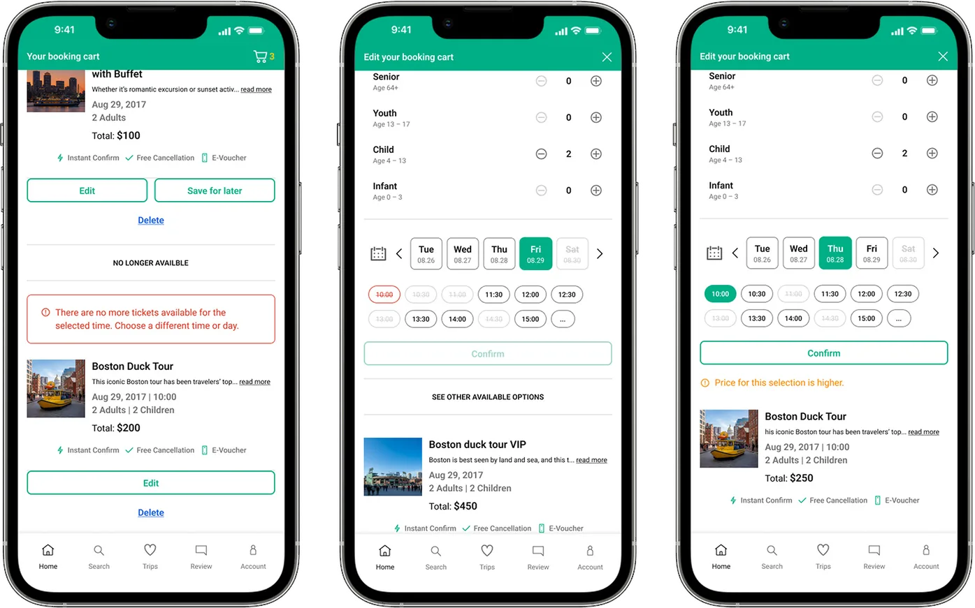 TripAdvisor booking cart editing screens on three phones