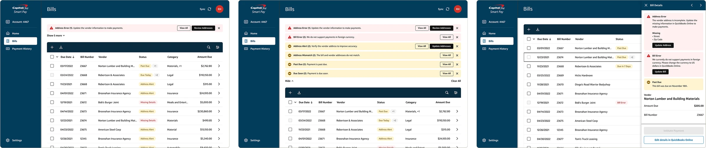 Bills with grouped alerts above the table, expanded alert list, status badges in the table, and detailed alerts in the drawer