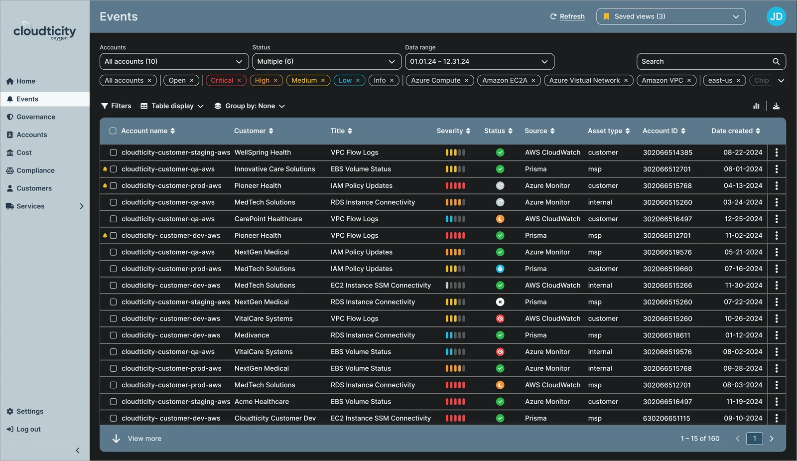 Events table in dark mode