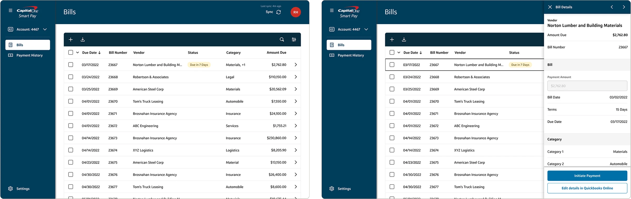 Bills table and the bill detail drawer with Initiate Payment and Edit details in QuickBooks Online