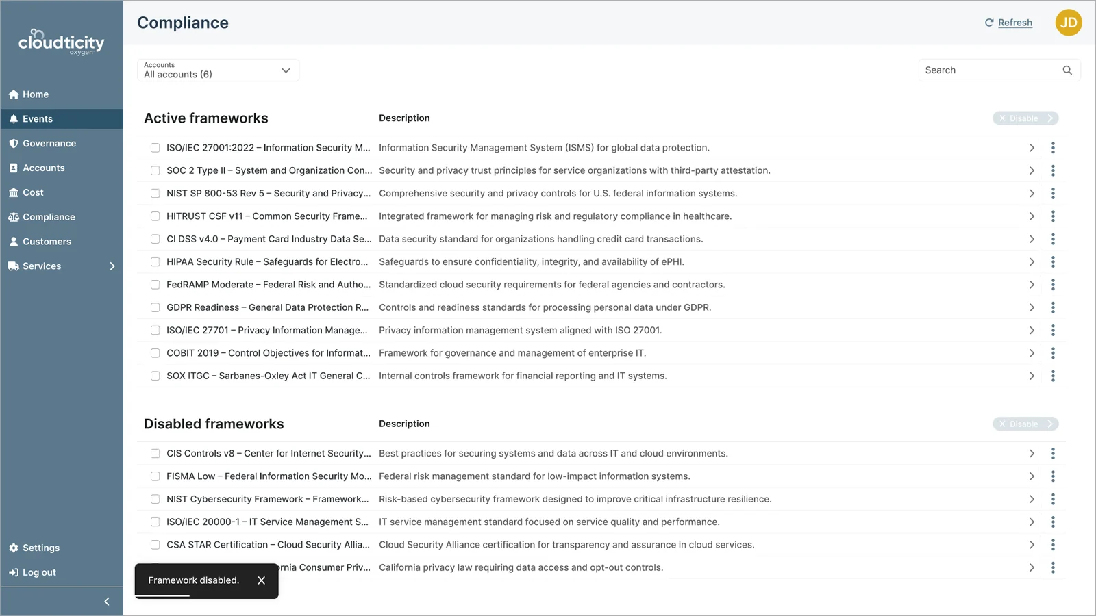 Framework moved to Disabled with a confirmation toast