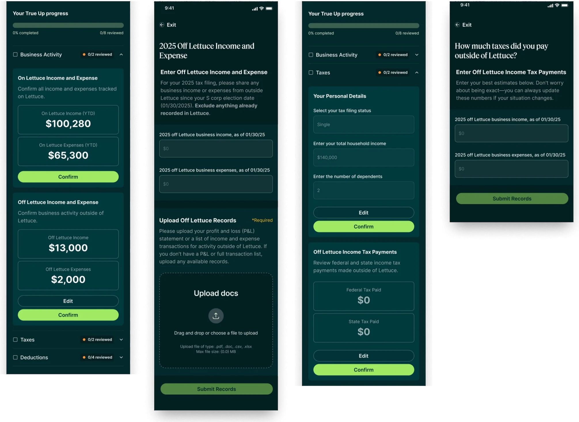 Business activity and taxes screens: on- and off-platform income, personal details and tax payments