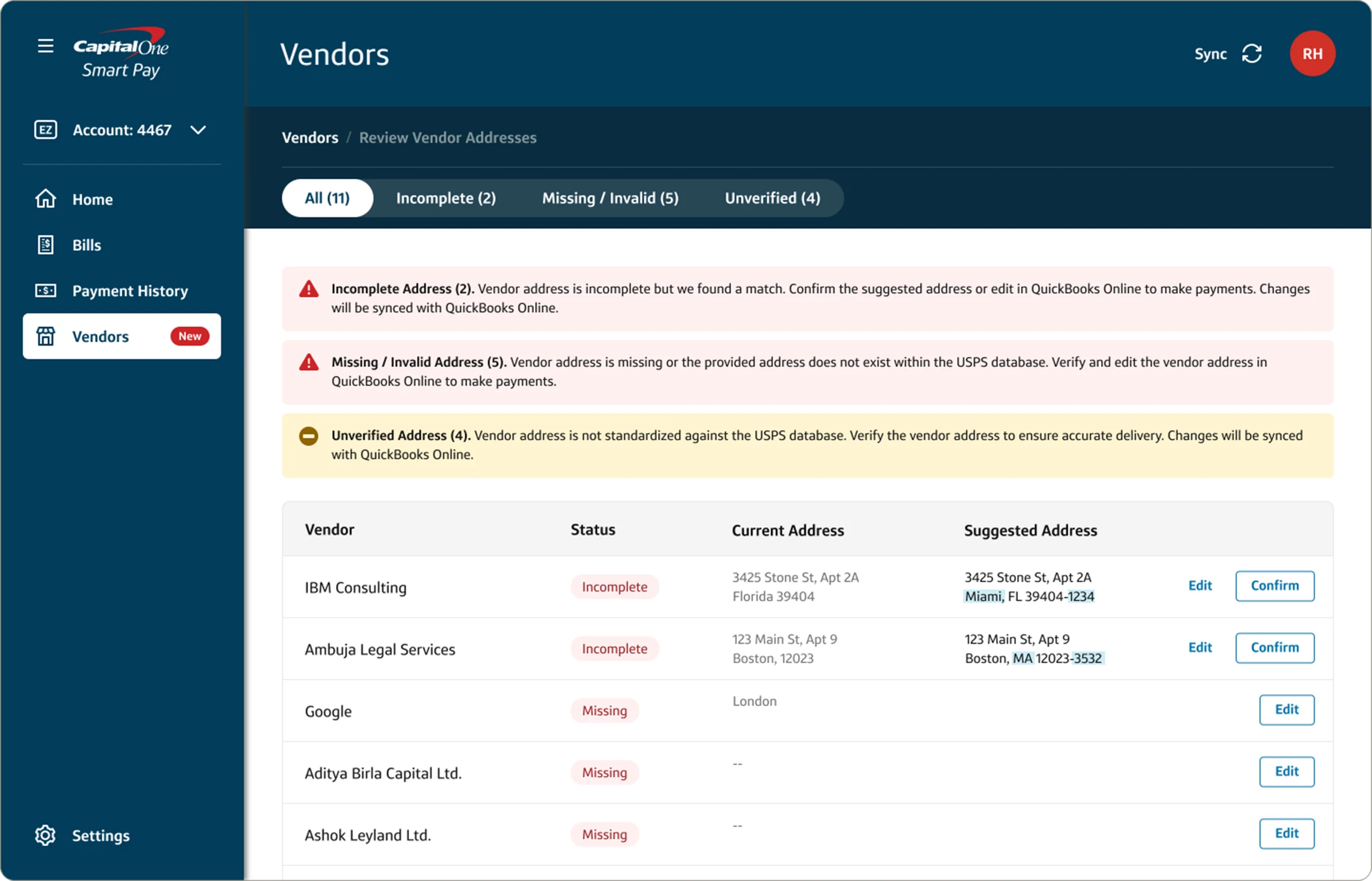 Review Vendor Addresses page with incomplete, missing or invalid, and unverified alerts and suggested addresses