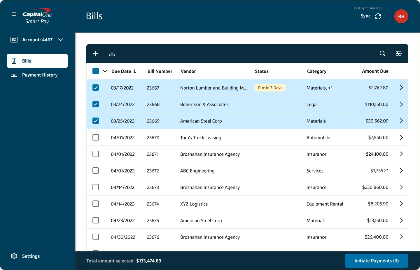 Bills table with three bills selected and Initiate Payments (3)