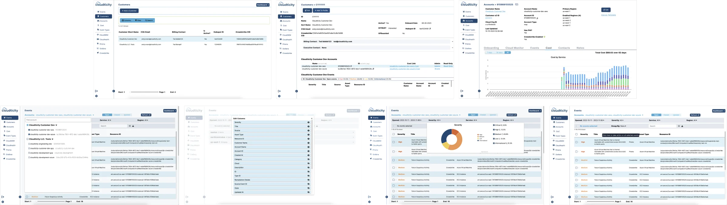 Seven screens from the legacy Cloudticity platform: customer, account, cost and event views with inconsistent layouts