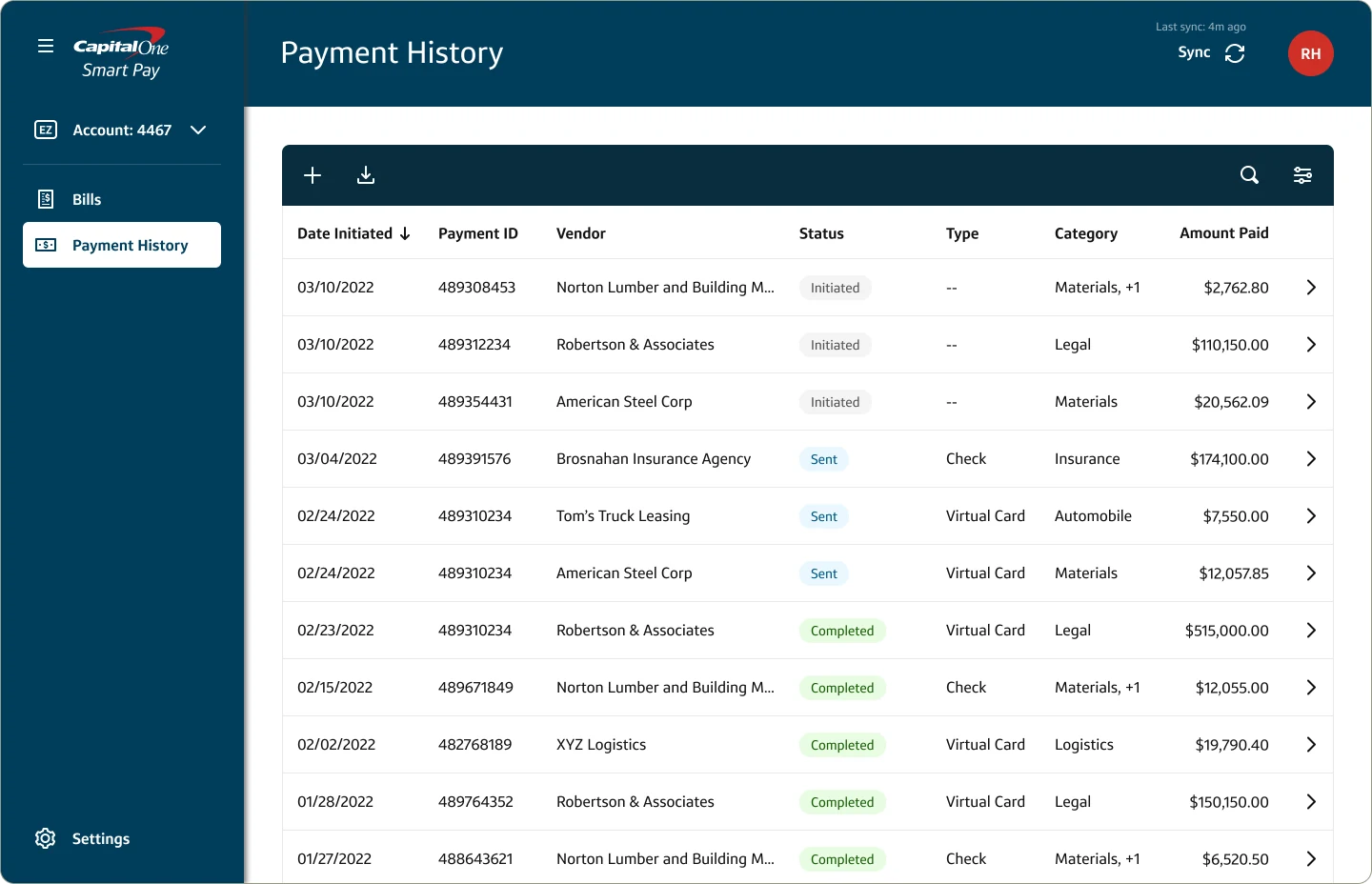 Payment History table with initiated, sent and completed statuses