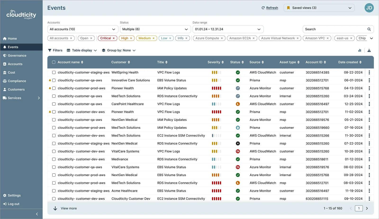 Events table in light mode