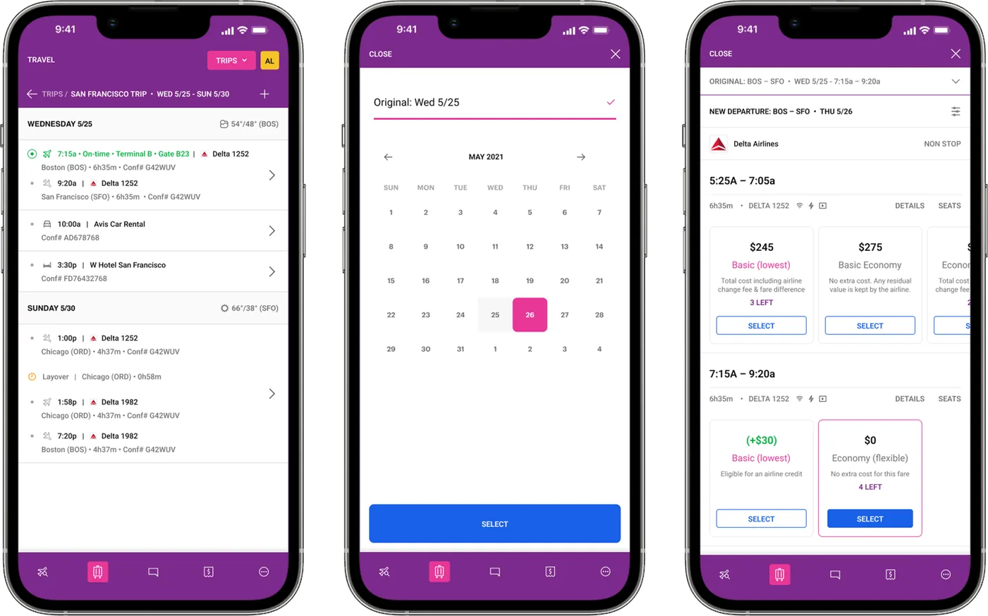 Lola flight editing screens on three phones