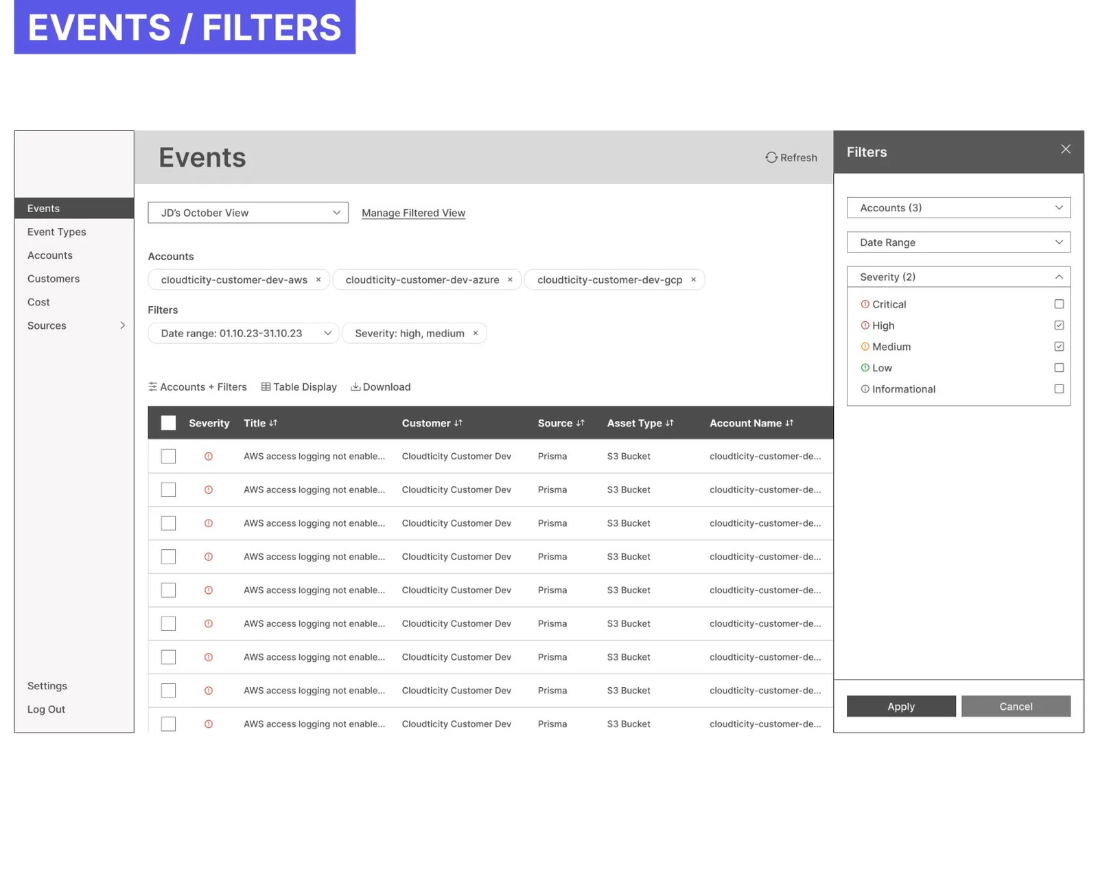 Events filters wireframe