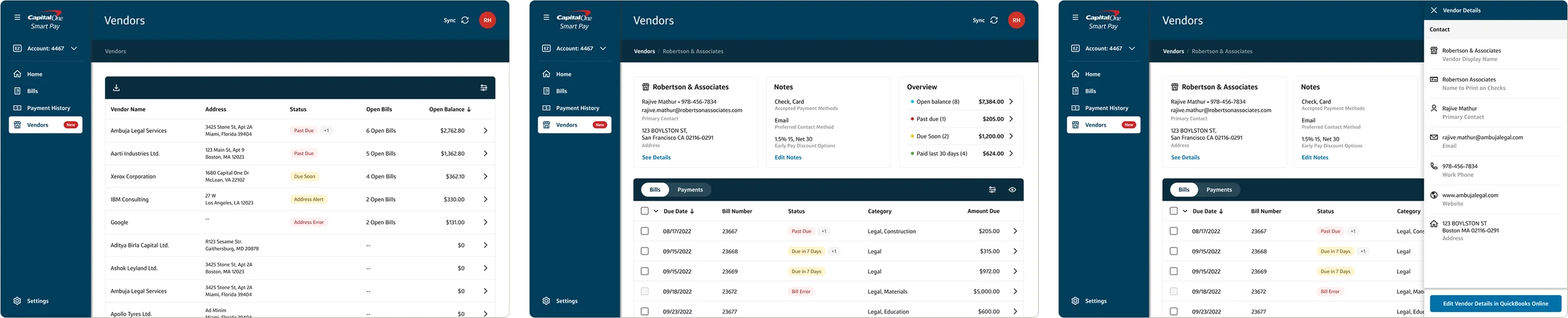 Vendors list, vendor detail with notes and overview, and the vendor details drawer